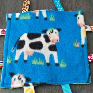 Cow‎ Print Sensory Taggie Blanket Baby Unisex 7.5in Blue Farm Minky Dot